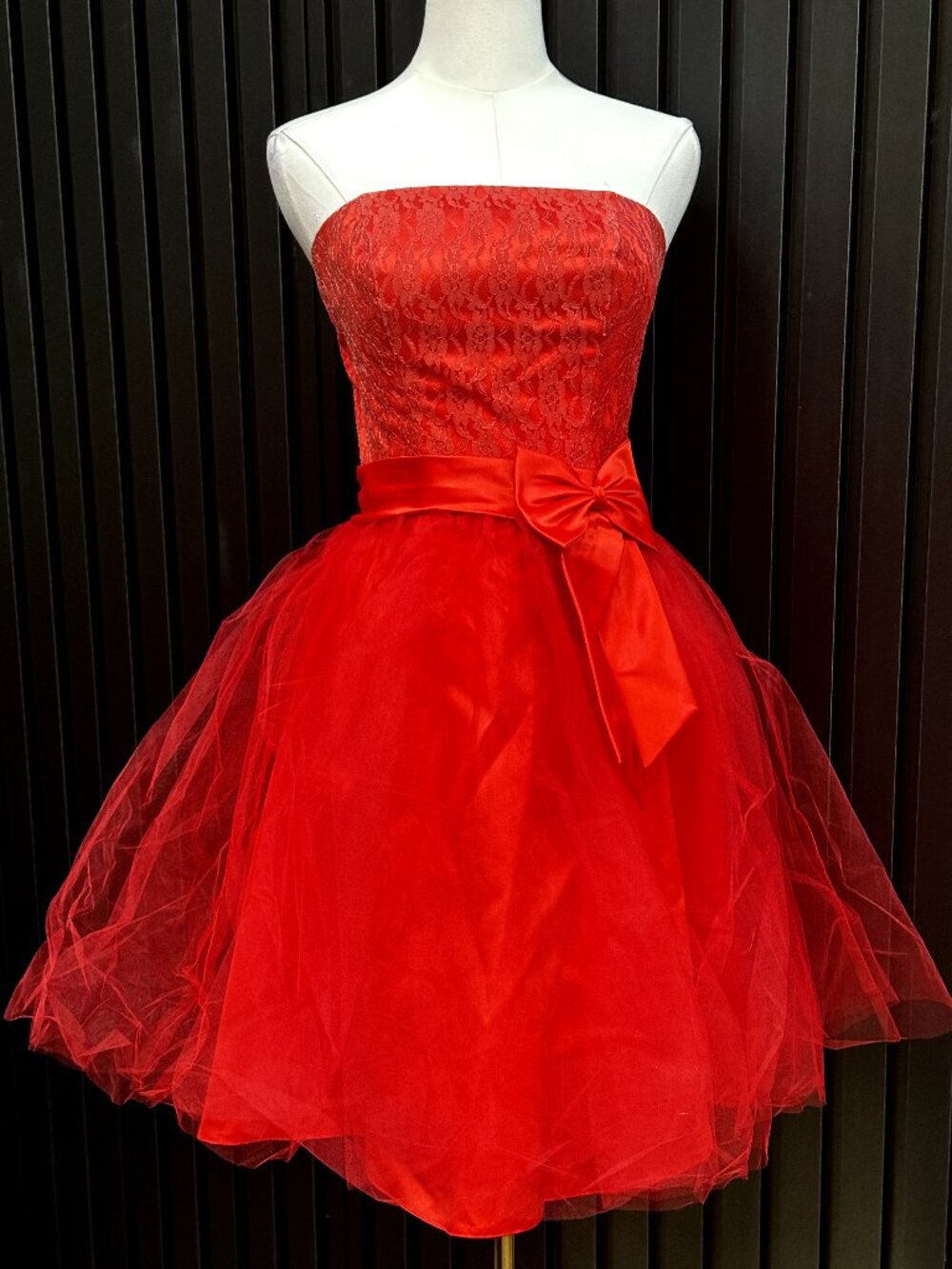 Red Strapless Ballerina Mini Dress Floral Bodice Bow Waist Tulle Skirt